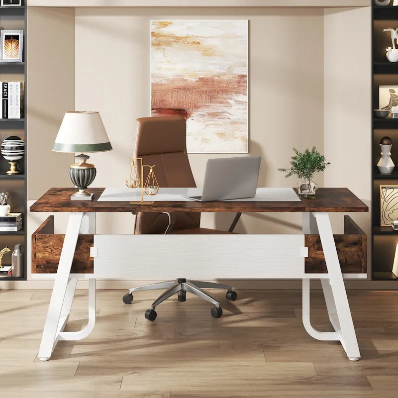 63 Office Executive Computer Writing Desk: Storage Shelf, Modern Simple Workstation