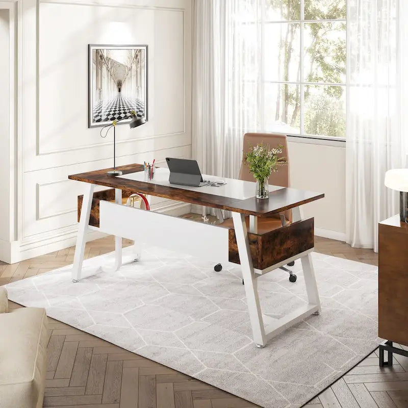 63 Office Executive Computer Writing Desk: Storage Shelf, Modern Simple Workstation