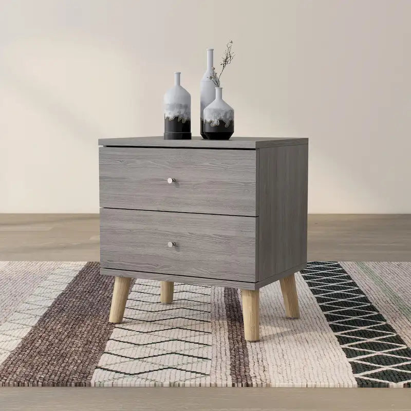 DH BASIC Mid-Century Modern Distressed Grey 2-Drawer Nightstand with Knobs by Denhour