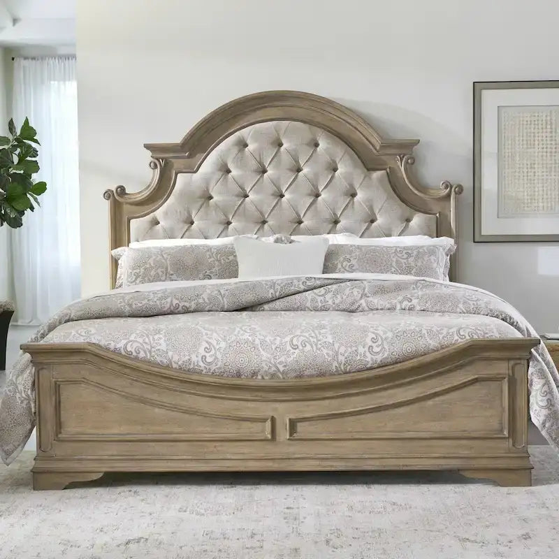 Magnolia Manor Upholstered Bed, Dresser and Mirror, and Nightstand Set