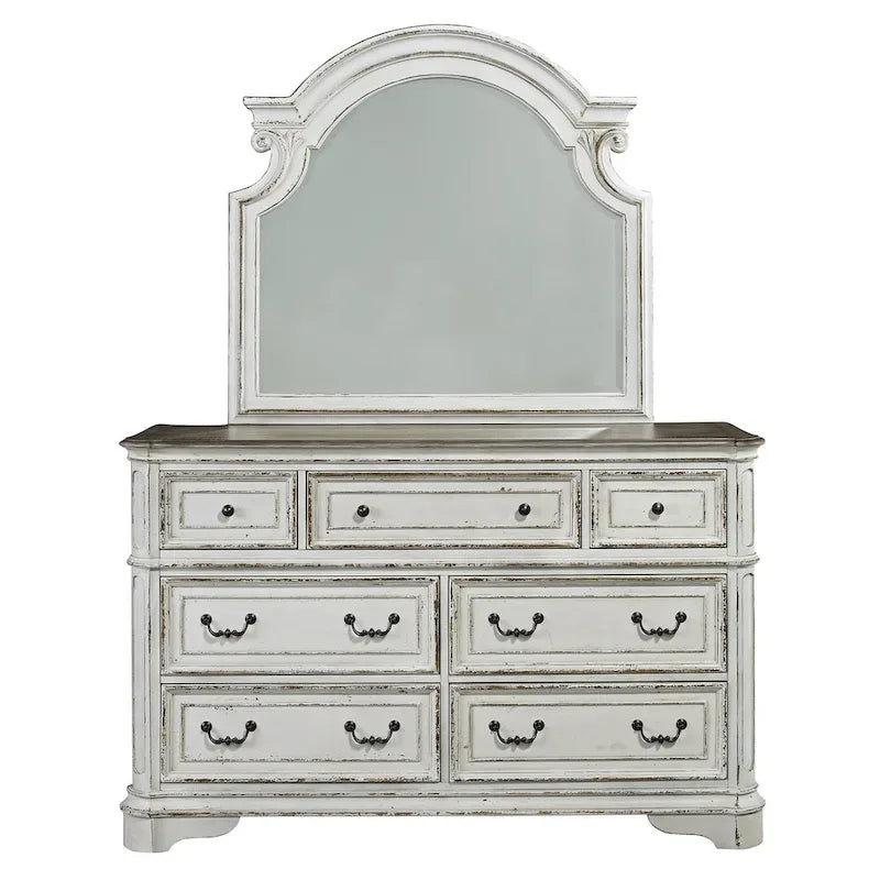 Magnolia Manor Upholstered Bed, Dresser and Mirror, and Nightstand Set