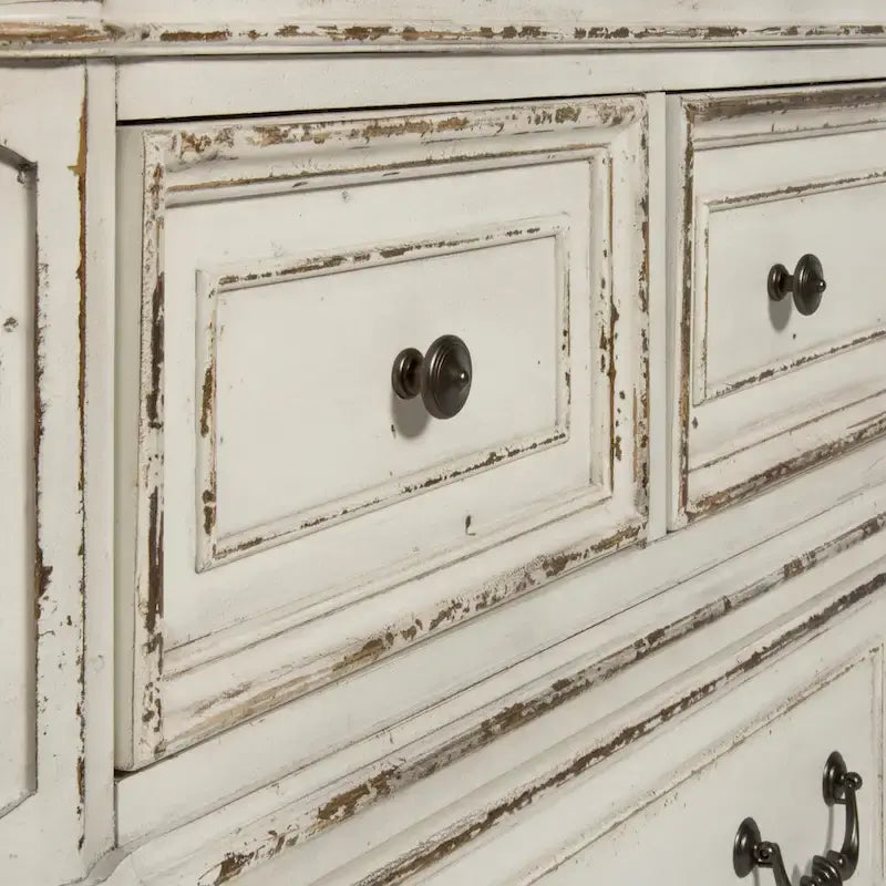 Magnolia Manor Upholstered Bed, Dresser and Mirror, and Nightstand Set
