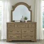 Magnolia Manor Upholstered Bed, Dresser and Mirror, and Nightstand Set