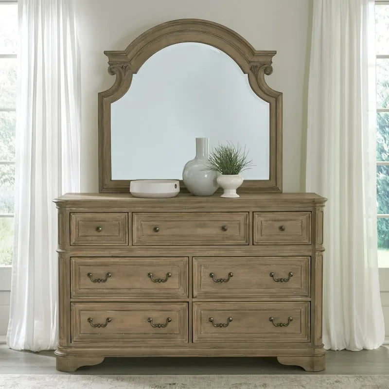 Magnolia Manor Upholstered Bed, Dresser and Mirror, and Nightstand Set