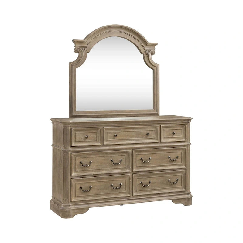 Magnolia Manor Upholstered Bed, Dresser and Mirror, and Nightstand Set