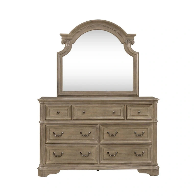 Magnolia Manor Upholstered Bed, Dresser and Mirror, and Nightstand Set