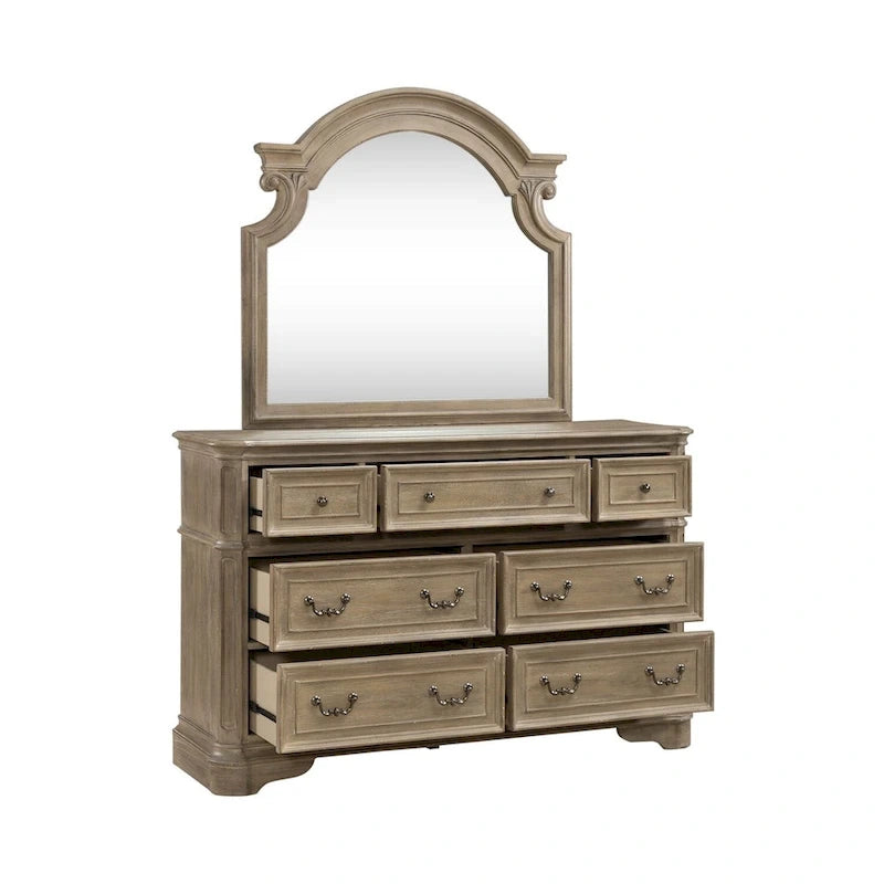 Magnolia Manor Upholstered Bed, Dresser and Mirror, and Nightstand Set