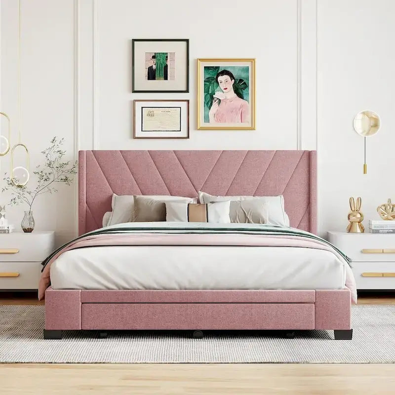 Queen Size Storage Bed Linen Upholstered Platform Bed with 3 Drawers