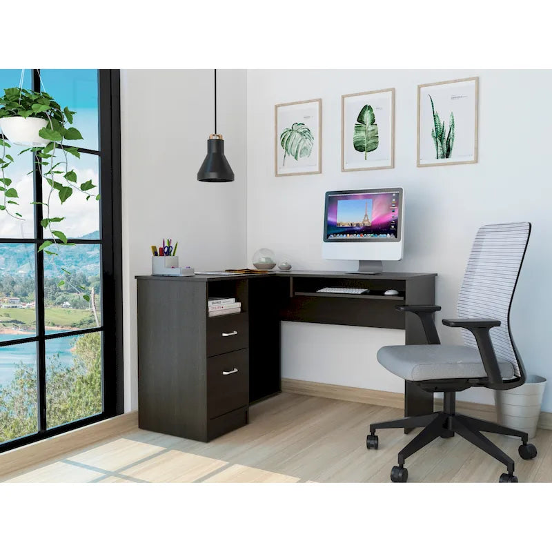 FM Furniture Raleigh L-Shaped Desk with Two Drawers, One Shelf and CPU Storage