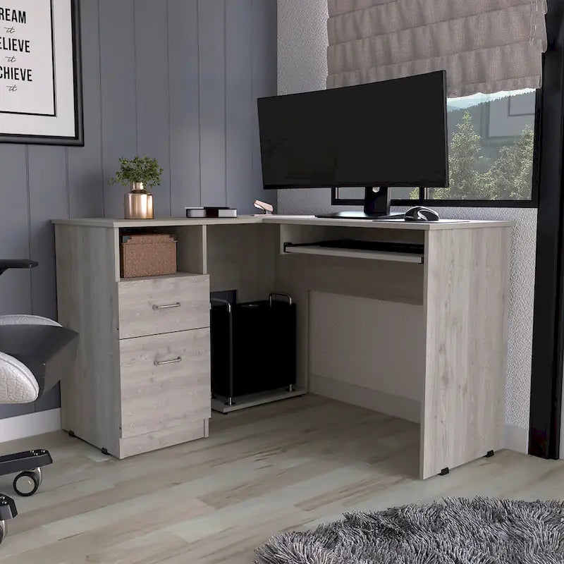 FM Furniture Raleigh L-Shaped Desk with Two Drawers, One Shelf and CPU Storage
