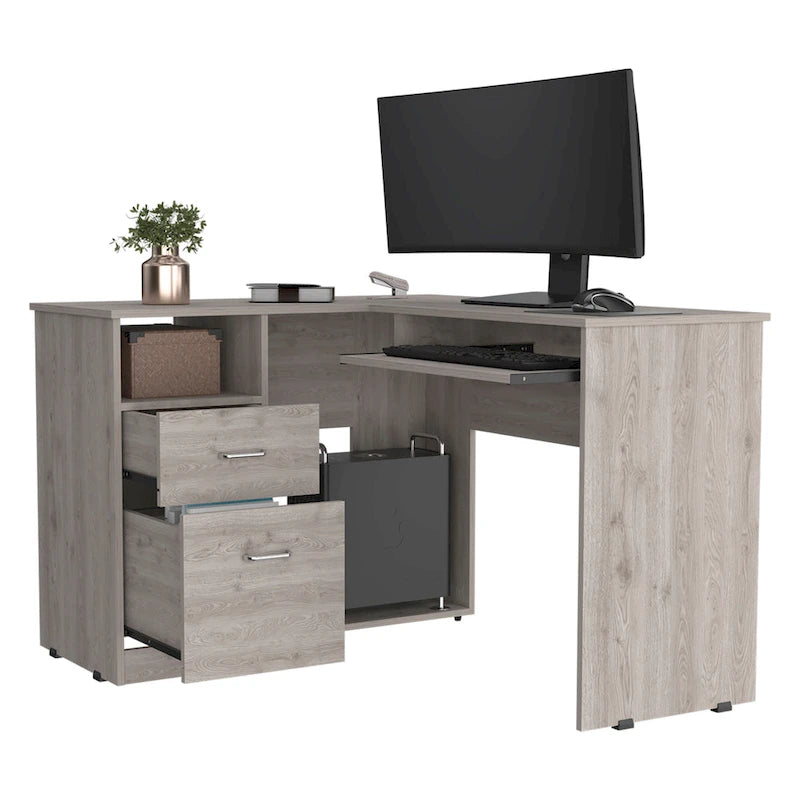 FM Furniture Raleigh L-Shaped Desk with Two Drawers, One Shelf and CPU Storage