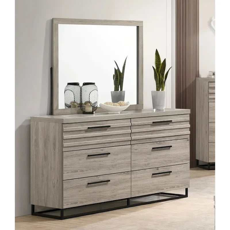 Roundhill Furniture Alvear Wallbed Bed with White LED Lights, Dresser, Mirror, and 2 Nightstands, Weathered Gray