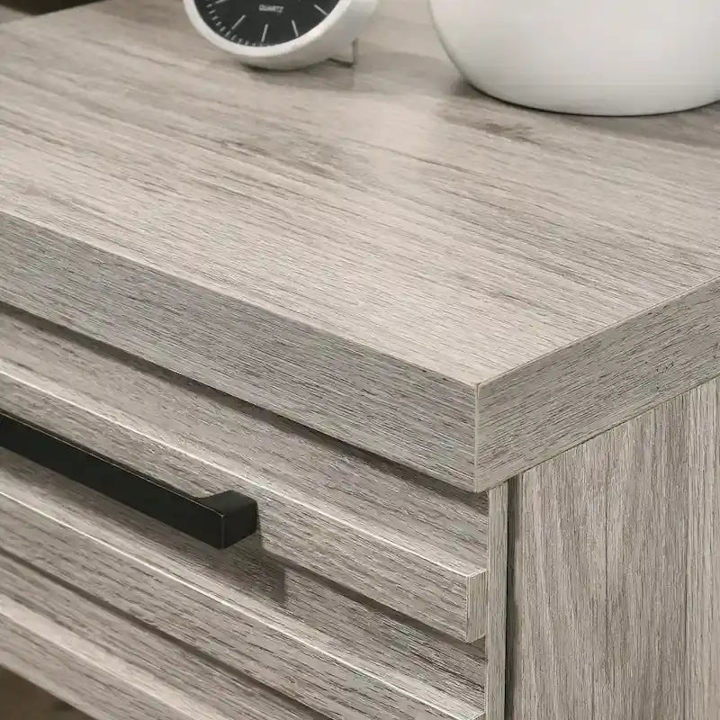 Roundhill Furniture Alvear Wallbed Bed with White LED Lights, Dresser, Mirror, and 2 Nightstands, Weathered Gray
