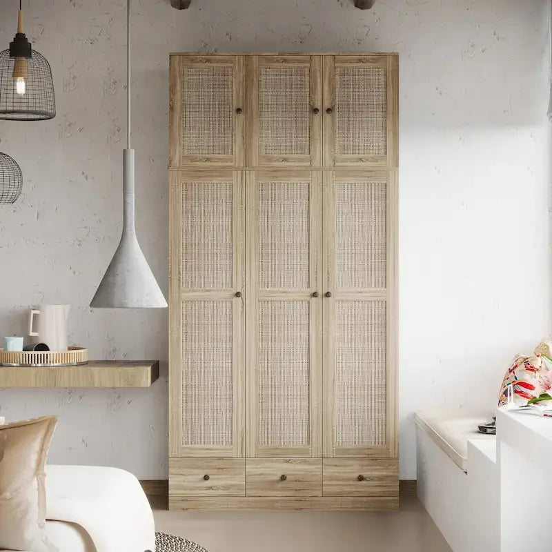 Rattan-Accented Wardrobe - Spacious Clothing Organizer with Style