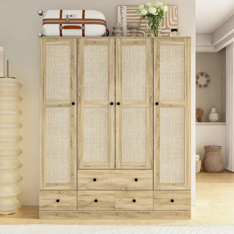 Rattan-Accented Wardrobe - Spacious Clothing Organizer with Style