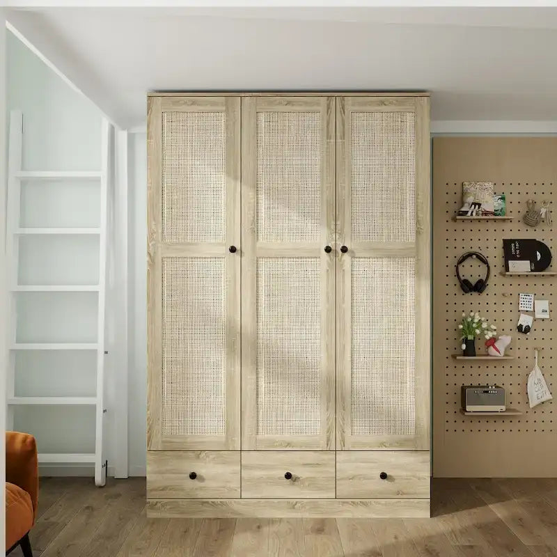 Rattan-Accented Wardrobe - Spacious Clothing Organizer with Style