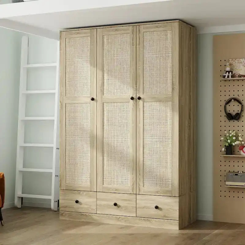 Rattan-Accented Wardrobe - Spacious Clothing Organizer with Style