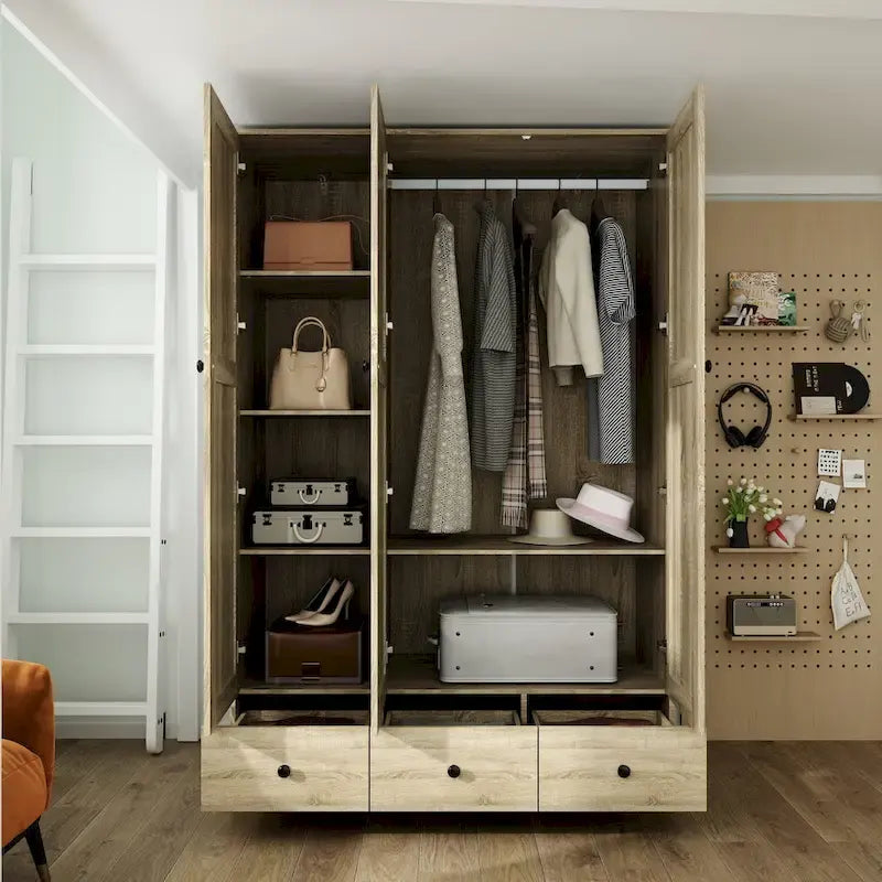 Rattan-Accented Wardrobe - Spacious Clothing Organizer with Style