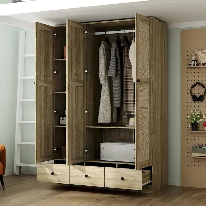 Rattan-Accented Wardrobe - Spacious Clothing Organizer with Style