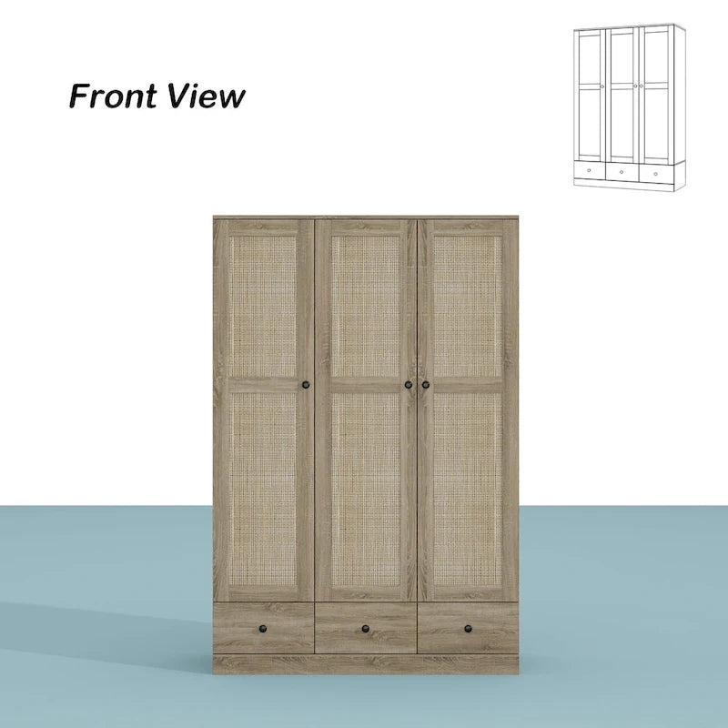 Rattan-Accented Wardrobe - Spacious Clothing Organizer with Style