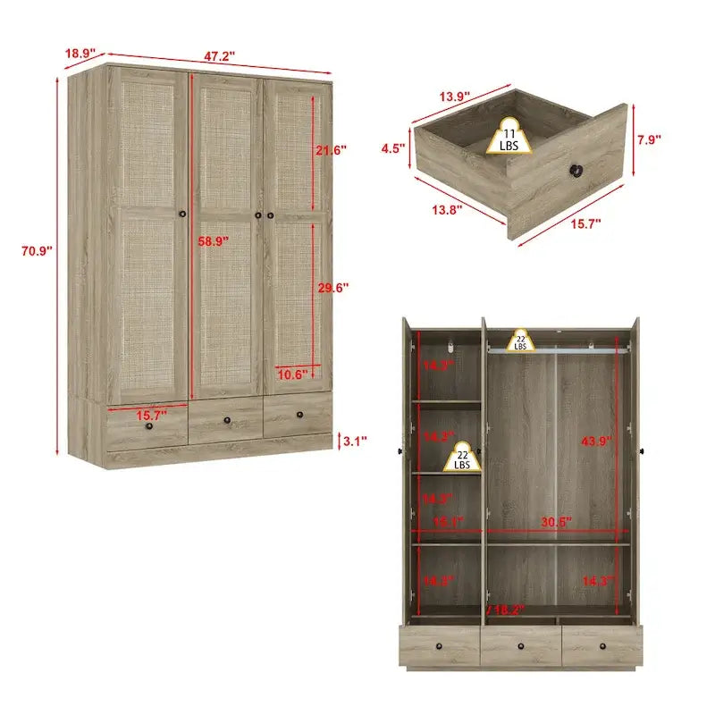 Rattan-Accented Wardrobe - Spacious Clothing Organizer with Style