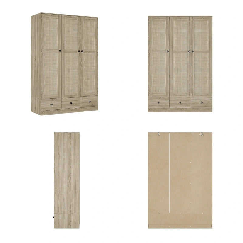Rattan-Accented Wardrobe - Spacious Clothing Organizer with Style