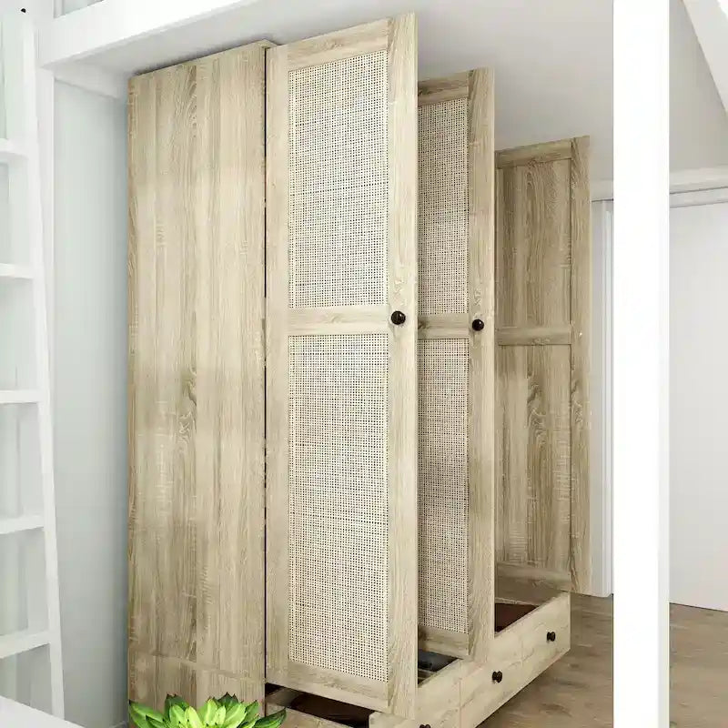 Rattan-Accented Wardrobe - Spacious Clothing Organizer with Style