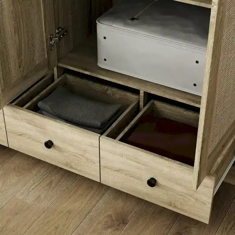 Rattan-Accented Wardrobe - Spacious Clothing Organizer with Style