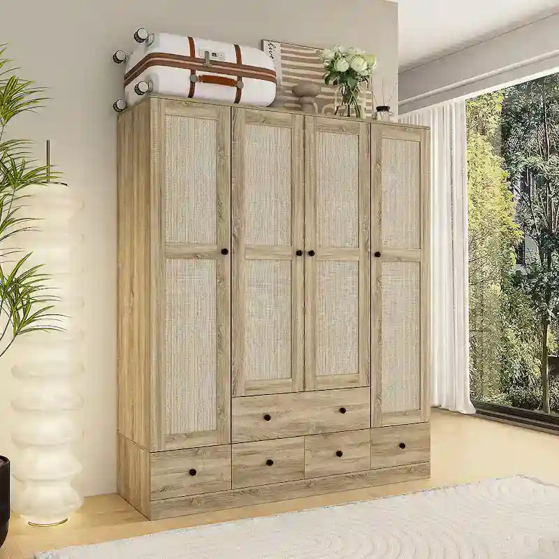 Rattan-Accented Wardrobe - Spacious Clothing Organizer with Style