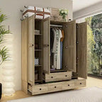 Rattan-Accented Wardrobe - Spacious Clothing Organizer with Style