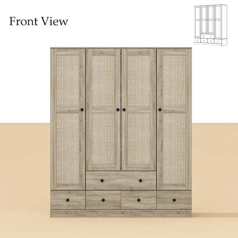 Rattan-Accented Wardrobe - Spacious Clothing Organizer with Style