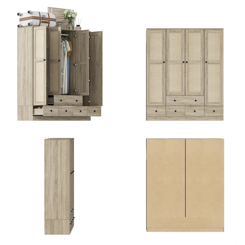 Rattan-Accented Wardrobe - Spacious Clothing Organizer with Style