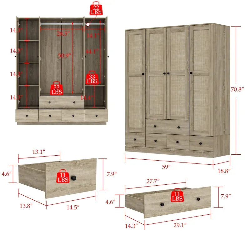 Rattan-Accented Wardrobe - Spacious Clothing Organizer with Style
