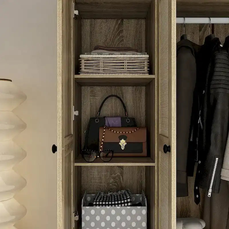 Rattan-Accented Wardrobe - Spacious Clothing Organizer with Style