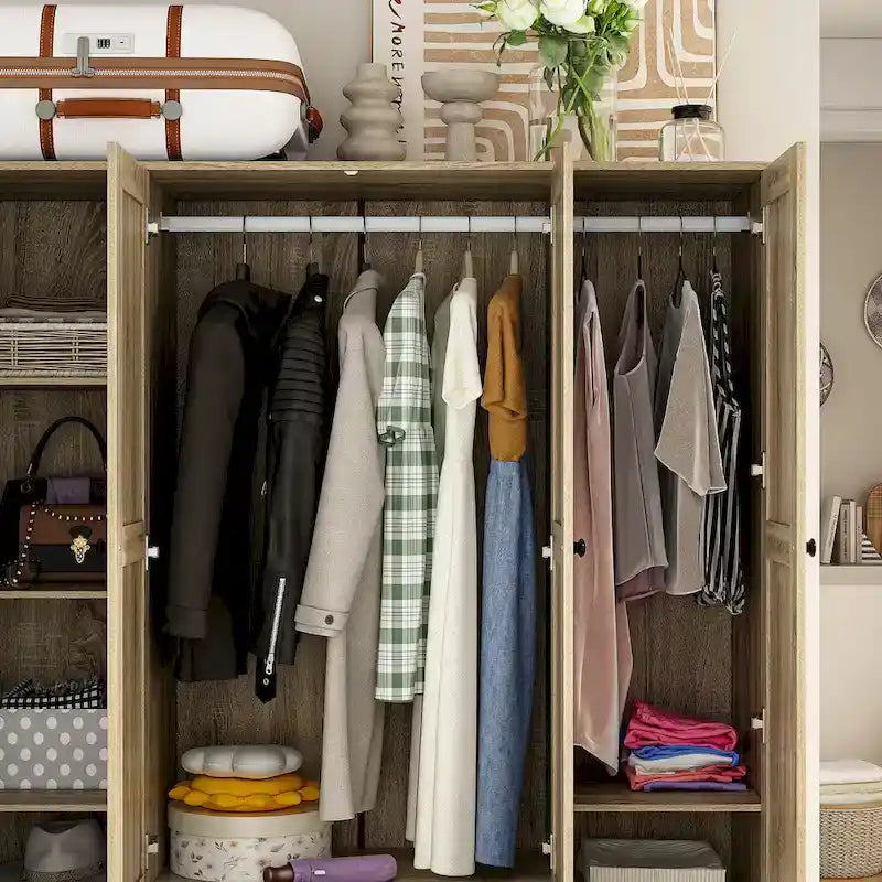 Rattan-Accented Wardrobe - Spacious Clothing Organizer with Style