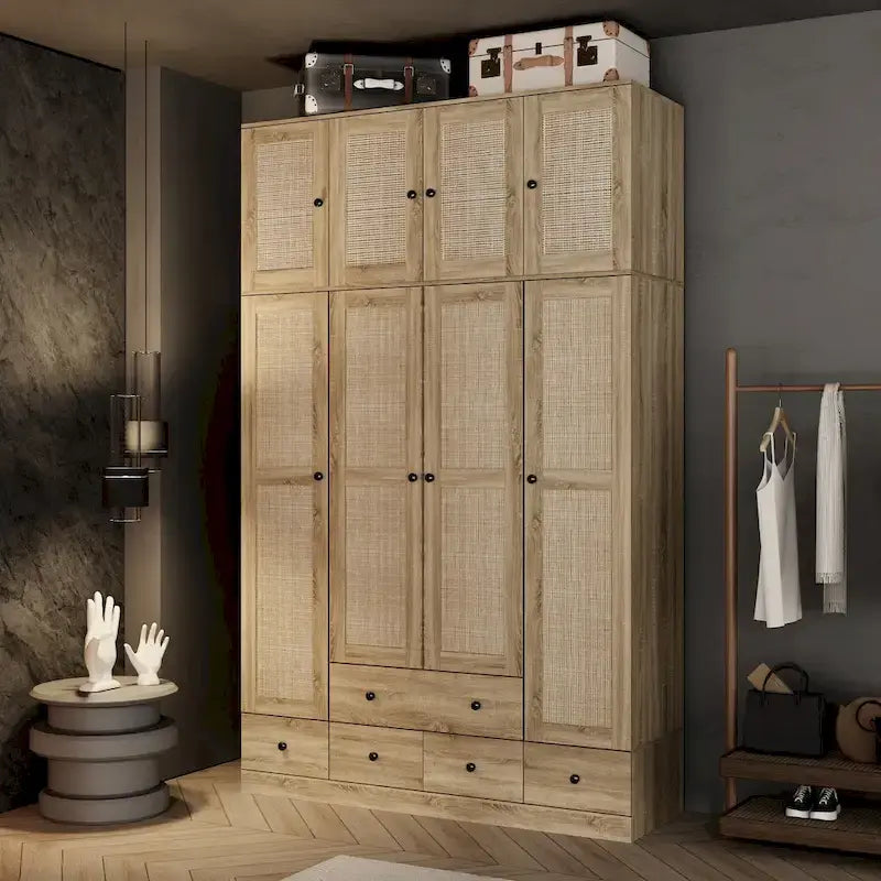 Rattan-Accented Wardrobe - Spacious Clothing Organizer with Style