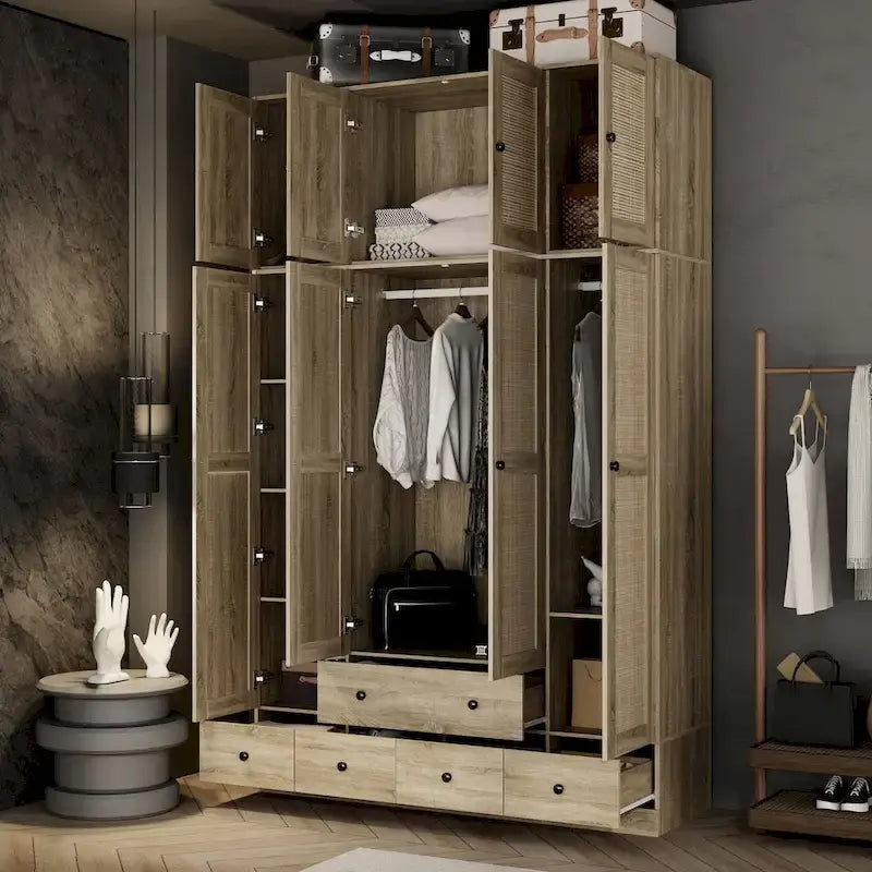Rattan-Accented Wardrobe - Spacious Clothing Organizer with Style