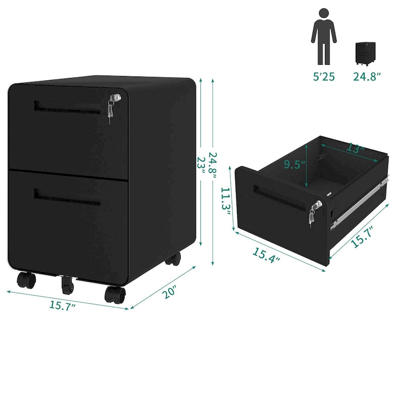 Modern 24.8 2-drawer Rolling Locking Steel File Cabinet