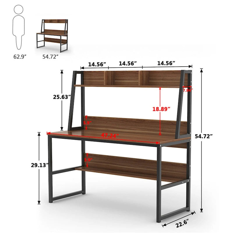 47 Inches Computer Desk with Hutch and Bookshelf