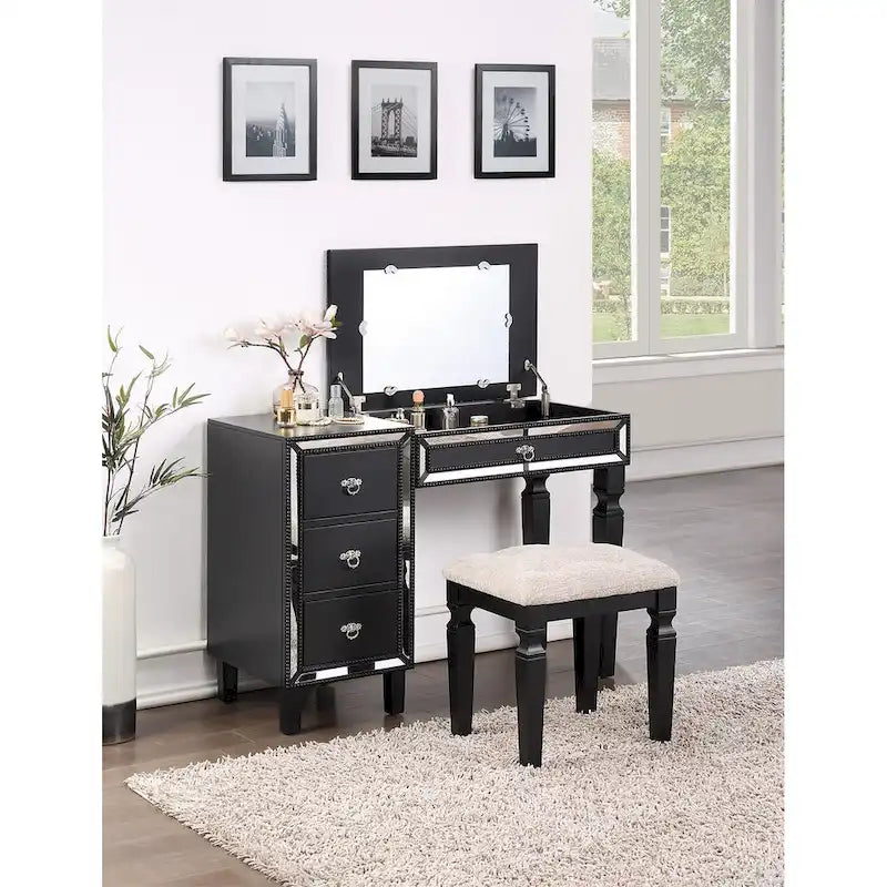 Fabric and Wood Vanity Set with Stool