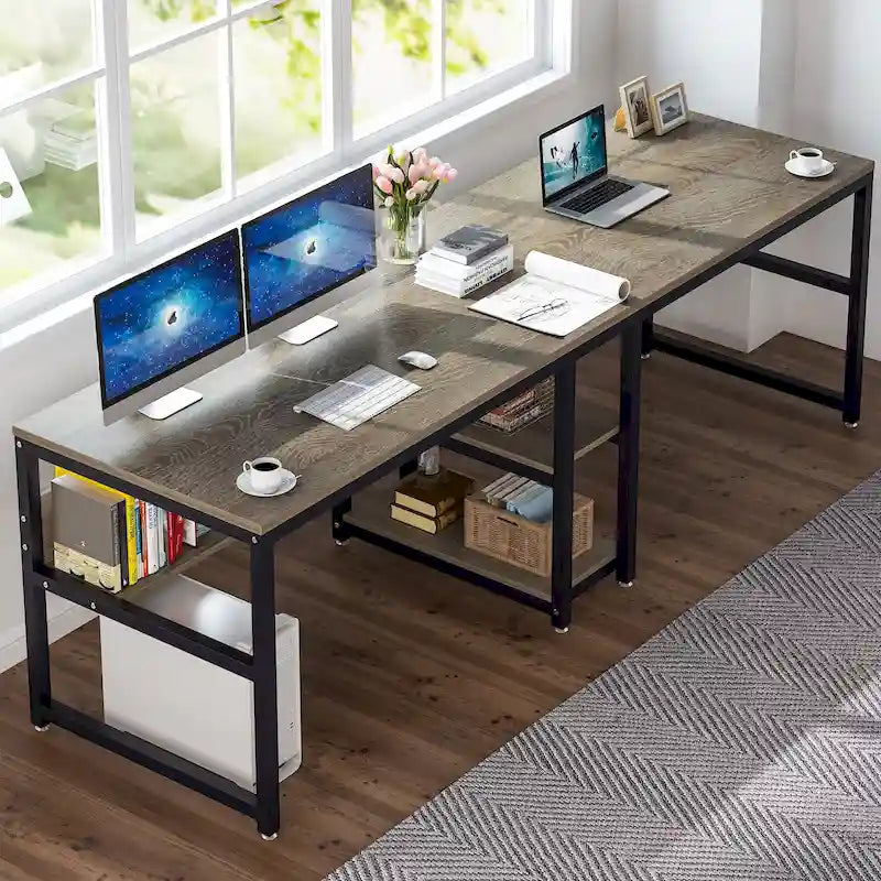 78.7 Two Person Desk with Bookshelf, Office Double Desk for Two Person