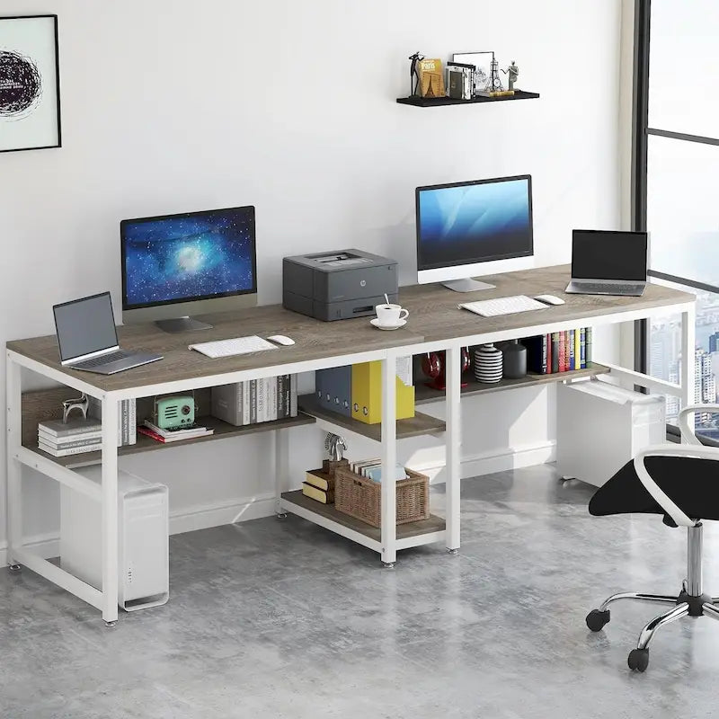 78.7 Two Person Desk with Bookshelf, Office Double Desk for Two Person