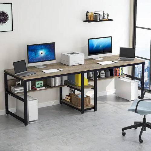 78.7 Two Person Desk with Bookshelf, Office Double Desk for Two Person