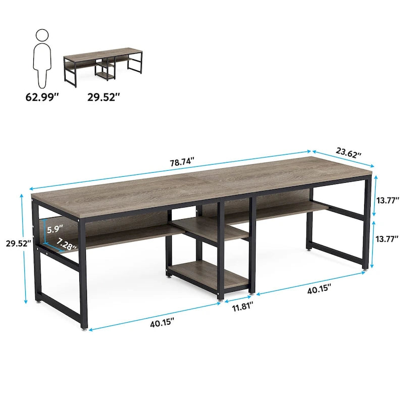 78.7 Two Person Desk with Bookshelf, Office Double Desk for Two Person