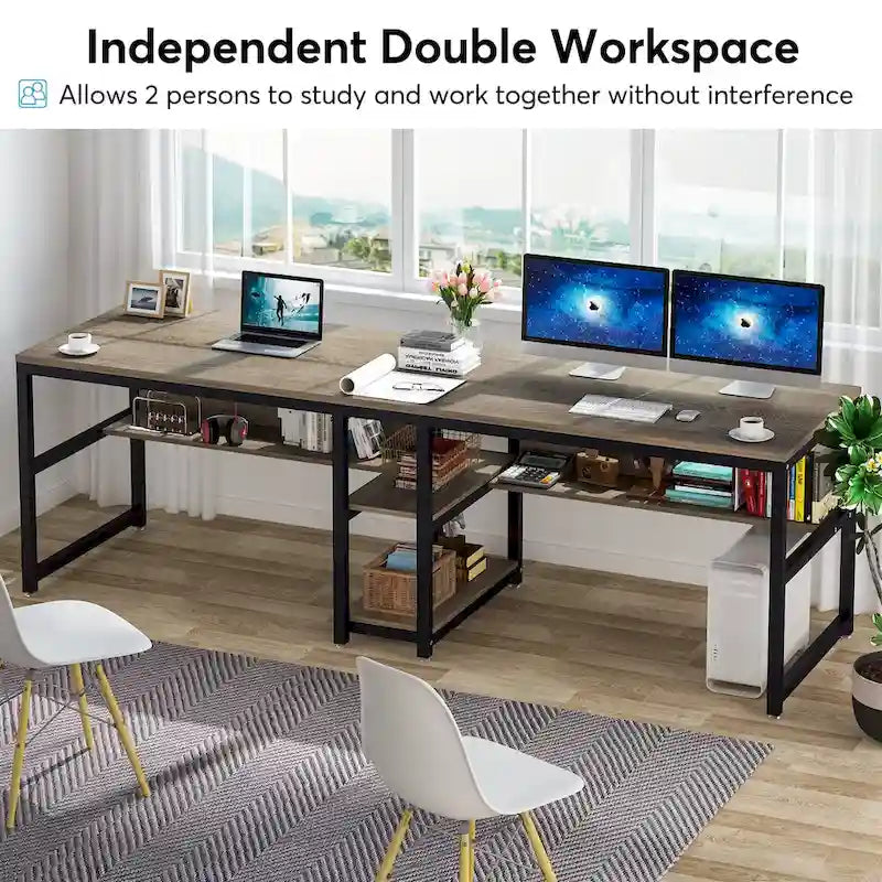 78.7 Two Person Desk with Bookshelf, Office Double Desk for Two Person