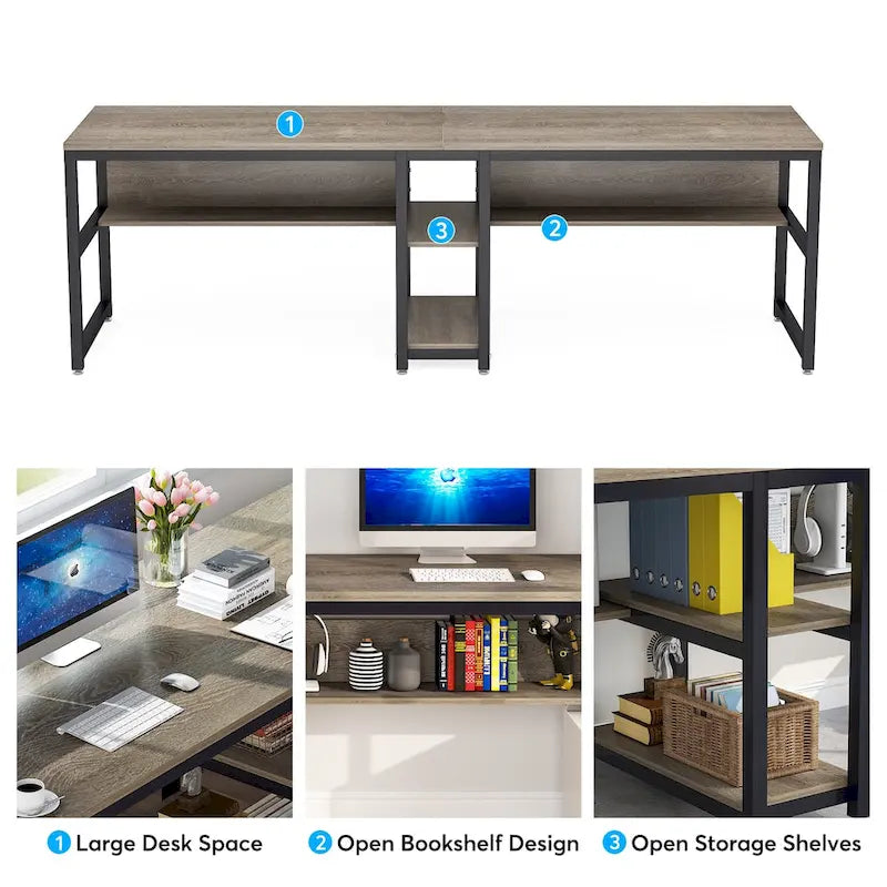 78.7 Two Person Desk with Bookshelf, Office Double Desk for Two Person
