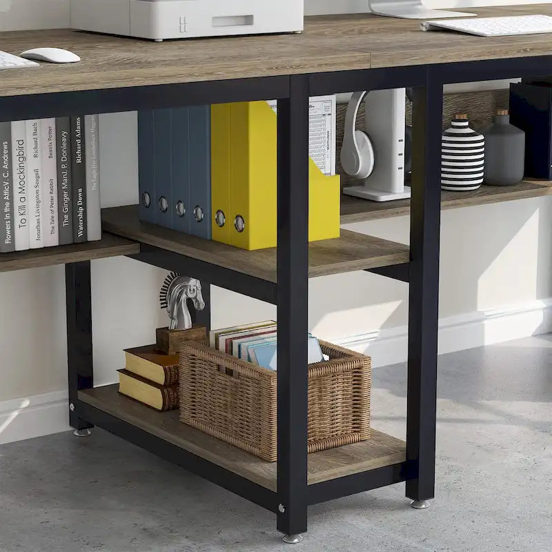 78.7 Two Person Desk with Bookshelf, Office Double Desk for Two Person