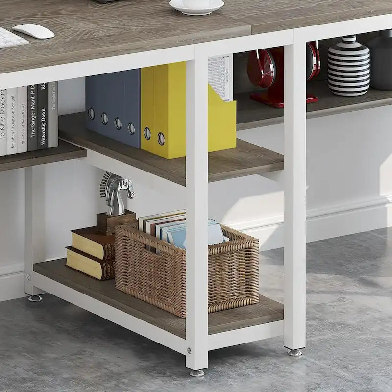78.7 Two Person Desk with Bookshelf, Office Double Desk for Two Person