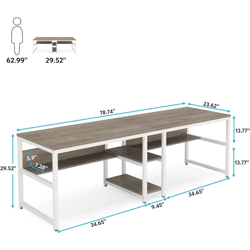78.7 Two Person Desk with Bookshelf, Office Double Desk for Two Person