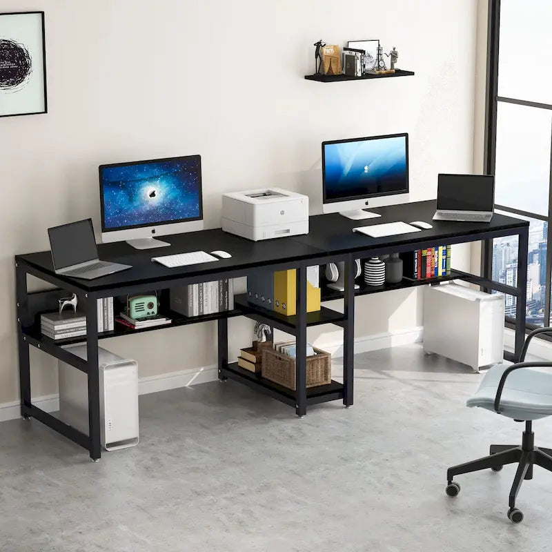 78.7 Two Person Desk with Bookshelf, Office Double Desk for Two Person